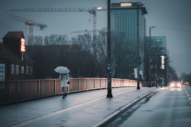 a person with an umbrella walking across a bridge