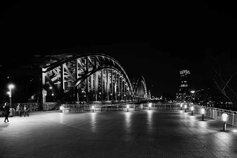 Arched bridge illuminated at night with people walking.