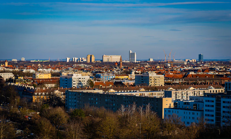 An aerial view of a city's skyline.